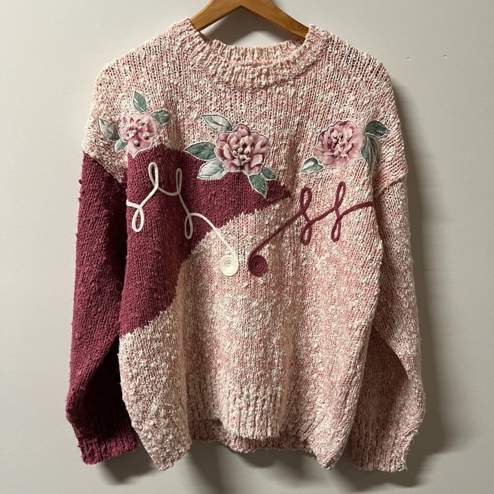 Vintage Hunter's Glen Pink Marled Knit Embroidered Grandma Sweater Size Medium
